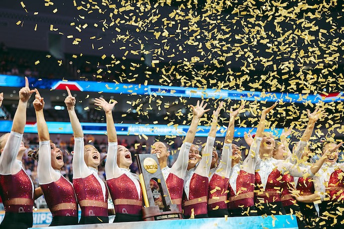 Members of the University of Oklahoma celebrate their win during the NCAA Women's Gymnastics Championship at Dickies Arena on April 18, 2026 in Fort Worth, Texas.