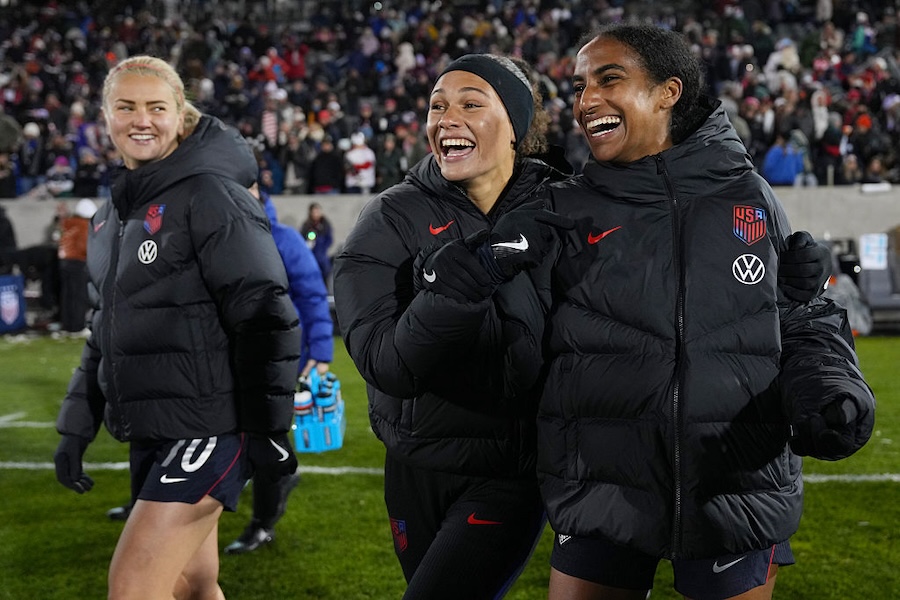 Trinity Rodman #2 and Naomi Girma #4 of United States celebrate following the team's victory in the international friendly match between United States and Japan at Dick's Sporting Goods Park on April 17, 2026 in Commerce City, Colorado.
