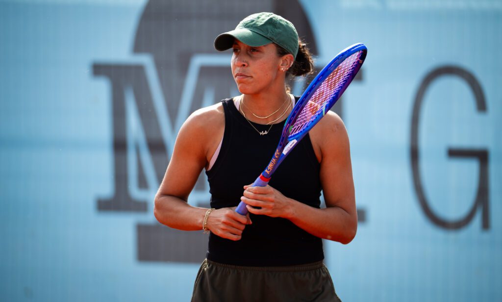 Madison Keys of the United States during practice on Day Four of the Mutua Madrid Open at La Caja Magica on April 23, 2026 in Madrid, Spain