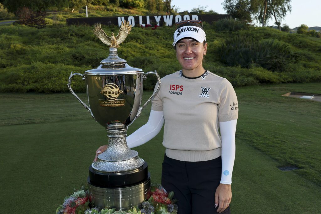 Hannah Green of Australia poses with the trophy after winning the JM Eagle LA Championship presented by Plastpro at El Caballero Country Club on April 19, 2026 in Tarzana, California.