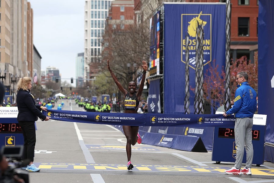 Boston Marathon 2026 results winner Sharon Lokedi of Kenya crosses the finish line to win the 130th Boston Marathon Women's division in a time of 2:18:51 on April 20, 2026 in Boston, Massachusetts.