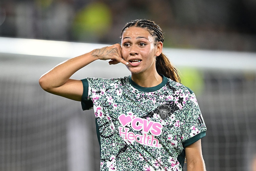 Trinity Rodman #2 of Washington Spirit celebrates scoring her team's second goal during the NWSL match between Washington Spirit and Kansas City Current at Audi Field on April 24, 2026 in Washington, DC.
