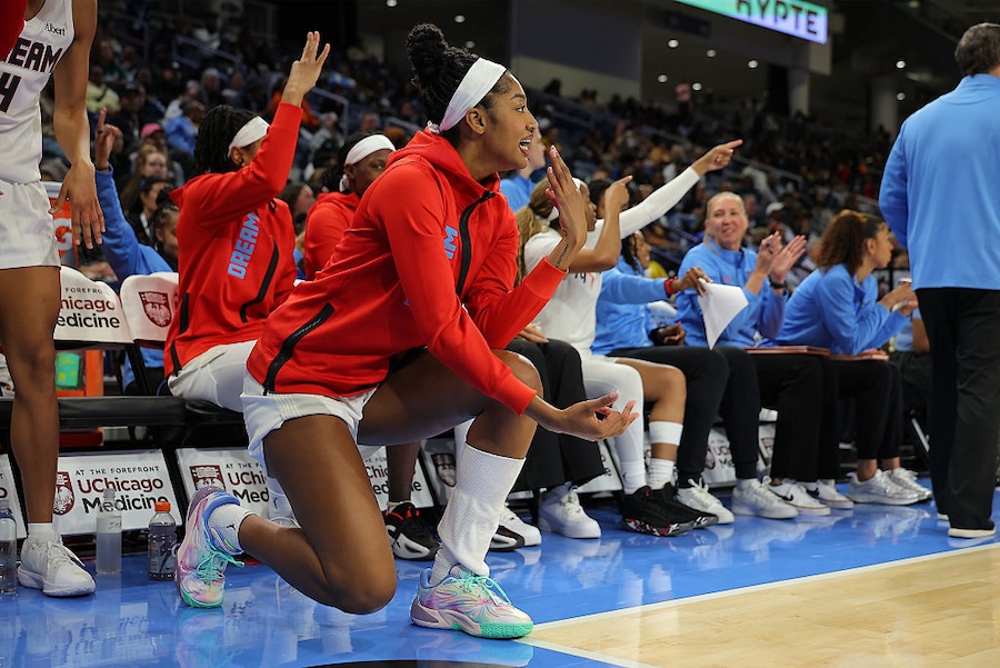 Angel Reese #5 of the Atlanta Dream celebrates during the second half against the Chicago Sky on April 29, 2026 at Wintrust Arena in Chicago, Illinois.