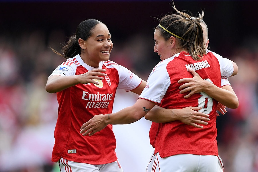 Mariona Caldentey and Olivia Smith of Arsenal celebrate after Christiane Endler of OL Lyonnes (not pictured) scores a own goal and Arsenals first during the UEFA Women's Champions League 2025/26 Semi-Final First Leg match between Arsenal FC and OL Lyonnes at Arsenal Stadium on April 26, 2026 in London, England.