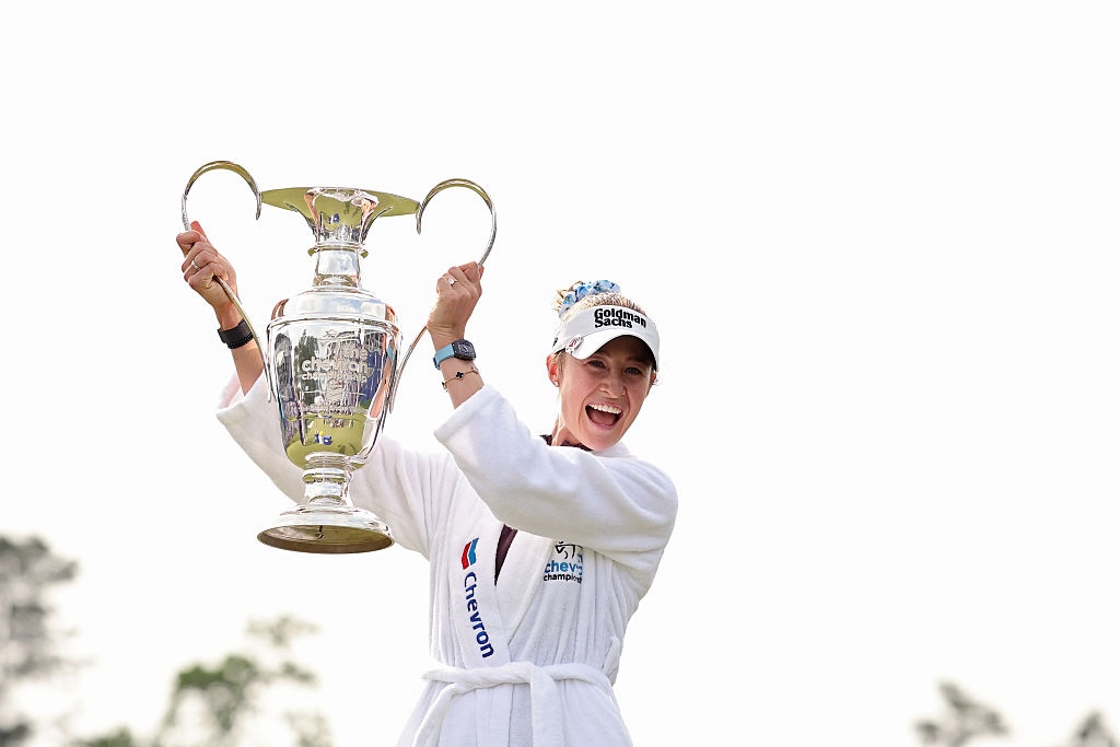 Nelly Korda of the United States poses with the Dinah Shore Trophy after winning The Chevron Championship 2026 at Memorial Park Golf Course on April 26, 2026 in Houston, Texas.