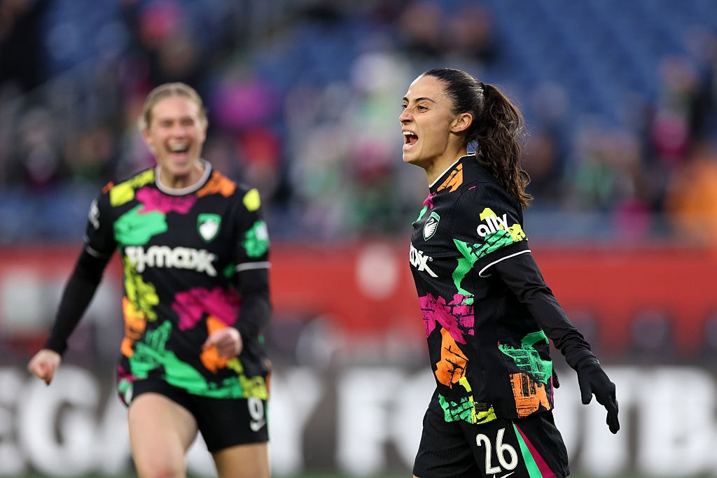 Alba Caño #26 of Boston Legacy FC celebrates after scoring the team's first goal during the NWSL match between Boston Legacy FC and North Carolina Courage at Gillette Stadium on April 29, 2026 in Foxborough, Massachusetts.