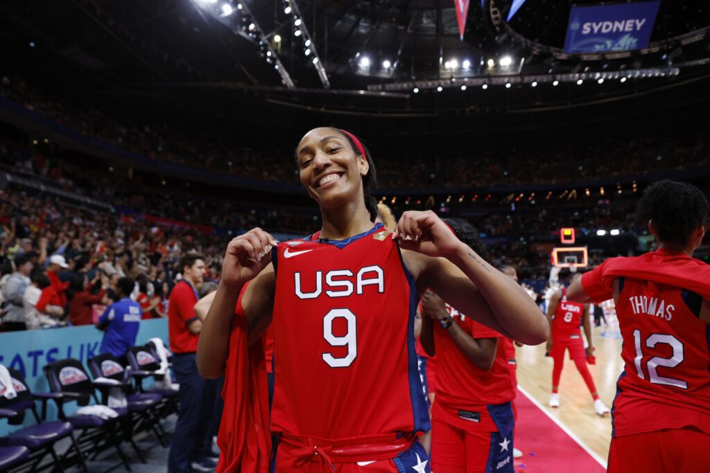 Team USA player A'Ja Wilson cerebrates winning the gold medal after defeating China in the 2022 FIBA women's basketball World Cup final at Sydney SuperDome.