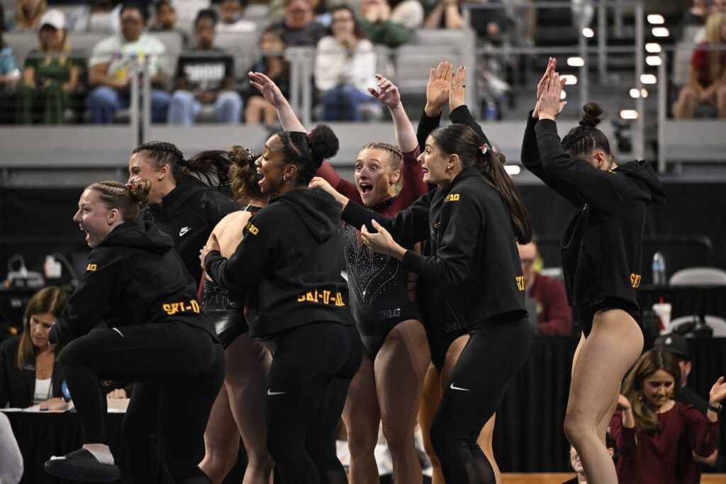 The Minnesota team celebrates during semifinals for the 2026 NCAA Gymnastics National Championships at Dickies Arena ahead of the gymnastics final four.