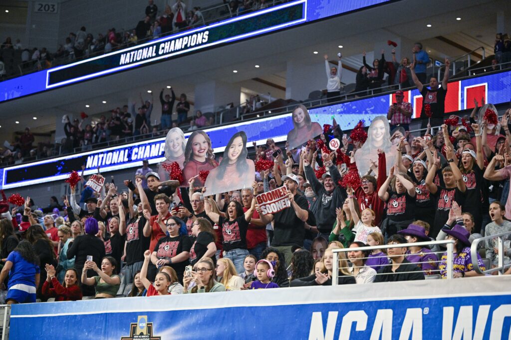The University of Oklahoma fans celebrates after the Sooners finish in first place in the 2026 NCAA Women’s Gymnastics National Championships at Dickies Arena.