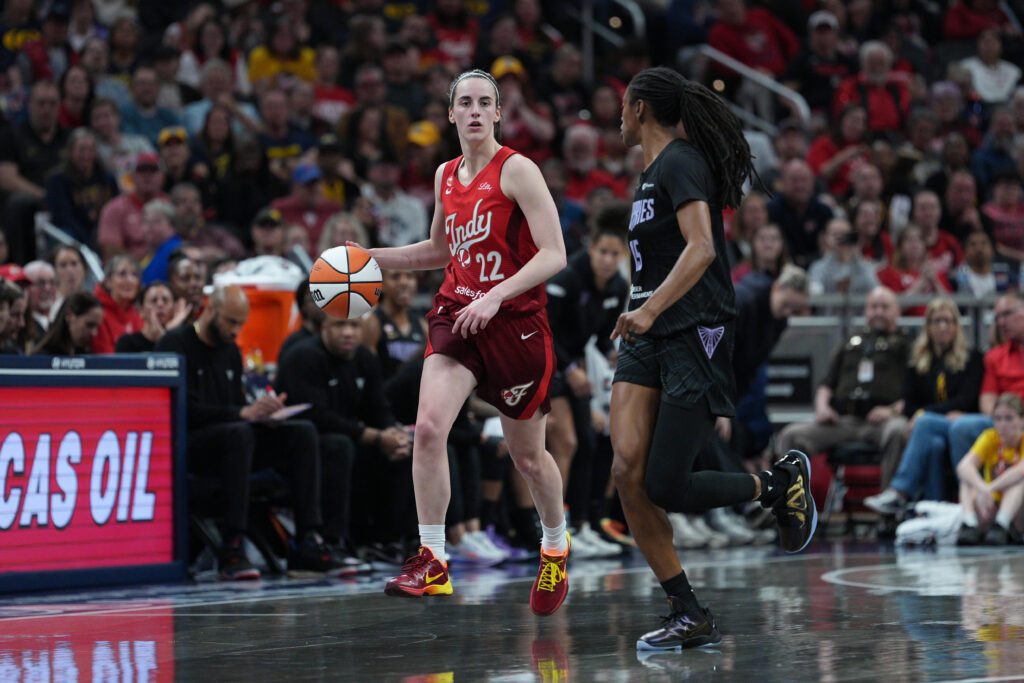 Caitlin Clark #22 of the Indiana Fever handles the ball during the game against the Golden State Valkyries on May 22, 2026 at the Gainbridge Fieldhouse in Indianapolis, Indiana.