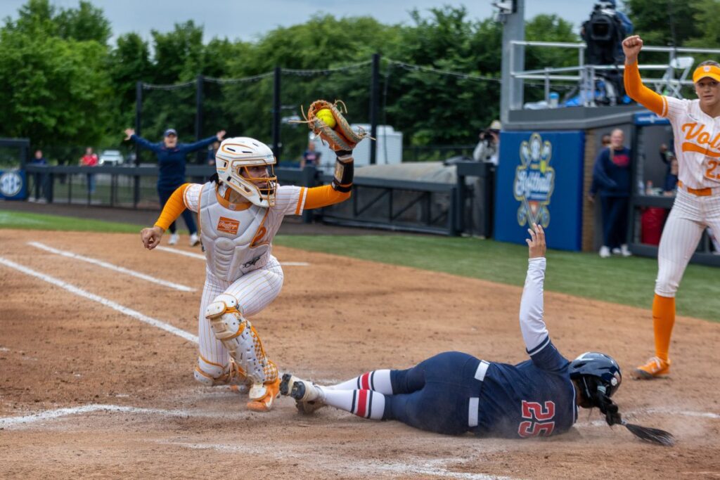 Elsa Morrison (22) makes an out at the plate during a game against Ole Miss at John Cropp Stadium. Wednesday, May 6, 2026.