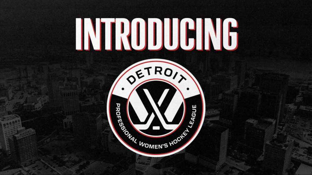 PWHL Detroit logo set on a black backdrop with red and white lettering.