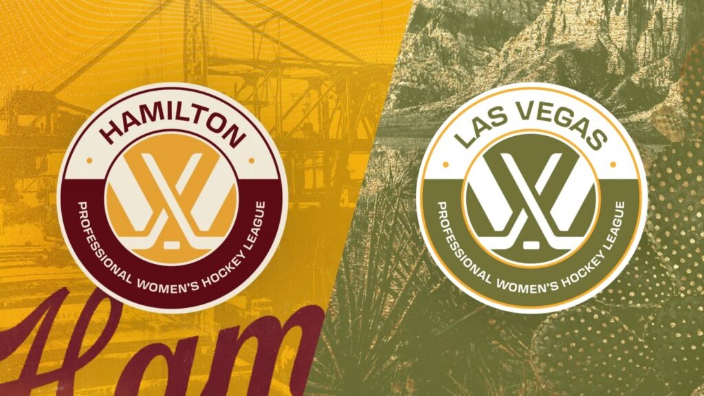 PHWL expansion team logos for PWHL Hamilton in yellow and red and PWHL Las Vegas in green and gold.