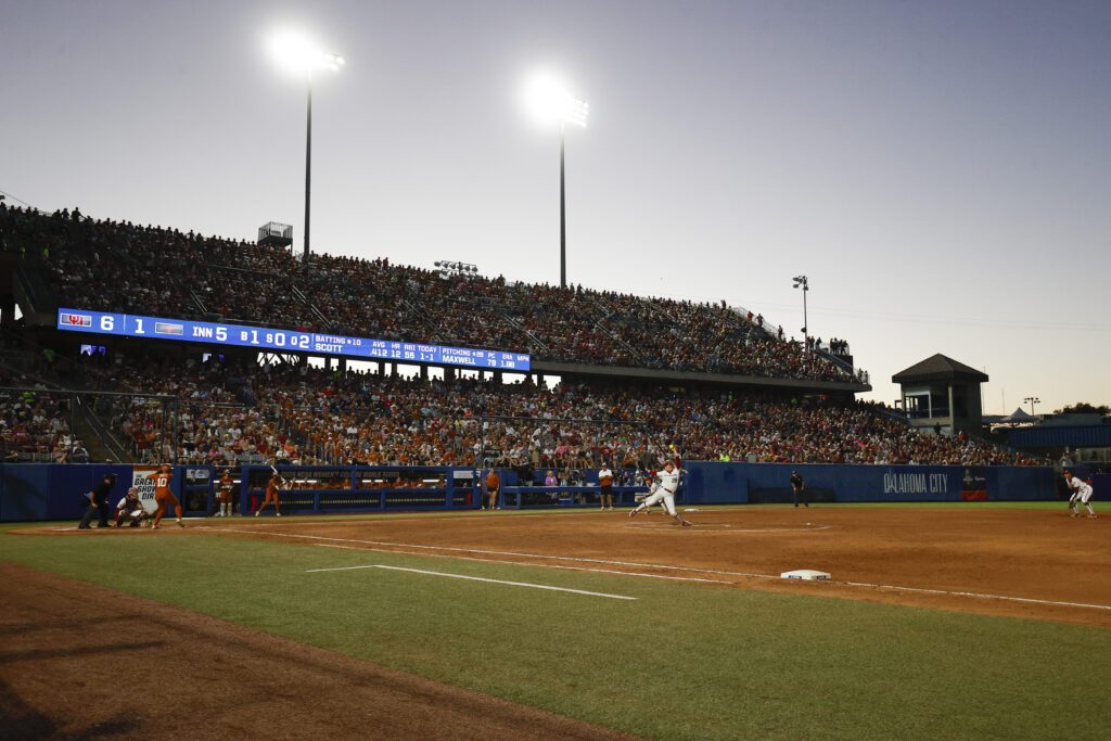 A general view of Devon Park stadium is seen during game one of the Division I Softball Championship held at Devon Park on June 5, 2024 in Oklahoma City, Oklahoma.