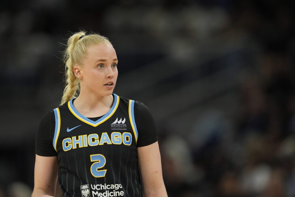 Hailey Van Lith #2 of the Chicago Sky looks on against the Washington Mystics during a WNBA Commissioner Cup game at Wintrust Arena on June 17, 2025 in Chicago, Illinois.