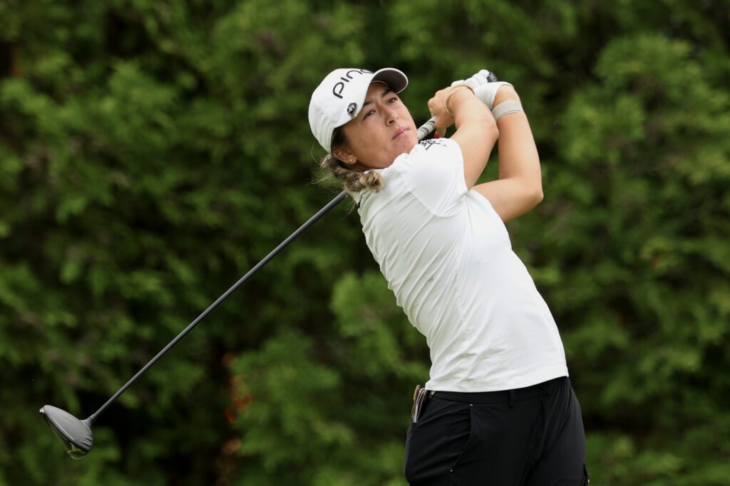 Malia Nam hits a tee shot on the sixth hole during the first round of the Dow Championship 2025 at Midland Country Club on June 26, 2025 in Midland, Michigan.