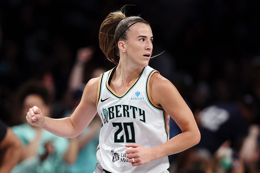 Sabrina Ionescu #20 of the New York Liberty reacts during the second half against the Los Angeles Sparks at Barclays Center on July 03, 2025 in the Brooklyn borough of New York City. The Liberty won 89-79 ahead of the liberty vs valkyries matchup with golden state.