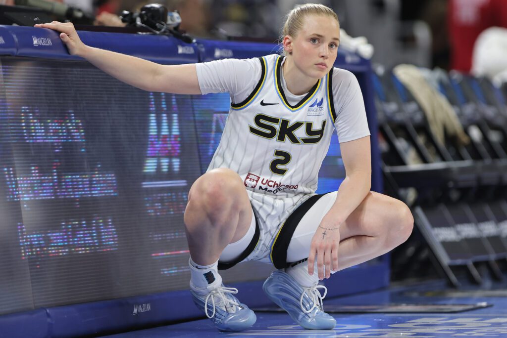 Hailey Van Lith #2 of the Chicago Sky looks on during the second half against the Seattle Storm on July 24, 2025 at Wintrust Arena in Chicago, Illinois.