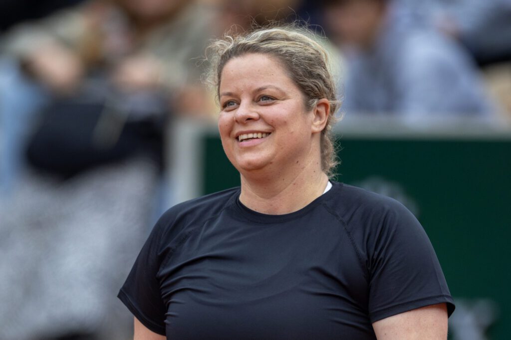 Kim Clijsters of Belgium, while playing alongside John McEnroe of the United States in the Legends Doubles competition on Court Simonne-Mathieu in the Girls' Singles Quarter-Final during the 2025 French Open Tennis Tournament at Roland Garros on June 5th, 2025, in Paris, France.