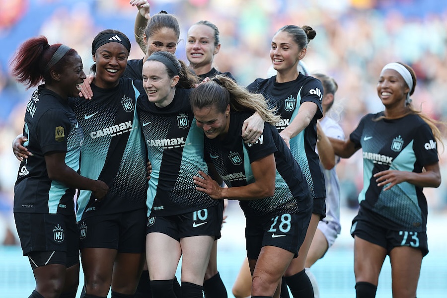 Rose Lavelle #16 of NJ/NY Gotham FC celebrates after scoring the team's second goal during the NWSL match between NJ/NY Gotham FC and Racing Louisville at Sports Illustrated Stadium on October 19, 2025 in Harrison, New Jersey ahead of the 2026 Concacaf W Champions Cup.