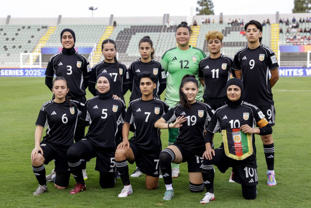 Afghanistan women's soccer team players pose for a group picture ahead of the FIFA Unites Women's Series 2025 match between Afghan Women United and Chad at the Municipal Stadium in Berrechid on October 26, 2025.