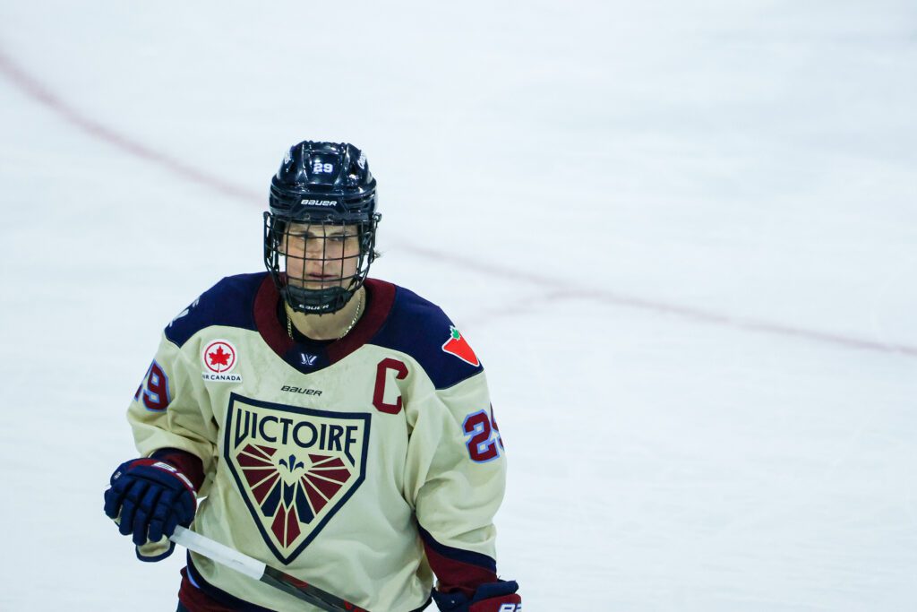 In Toronto, Ontario, Canada, on March 3, 2026, Montreal Victoire's Marie-Philip Poulin #29 waits for the game to resume during the Toronto Sceptres vs. Montreal Victoire Professional Women's Hockey League match at Coca Cola Coliseum.