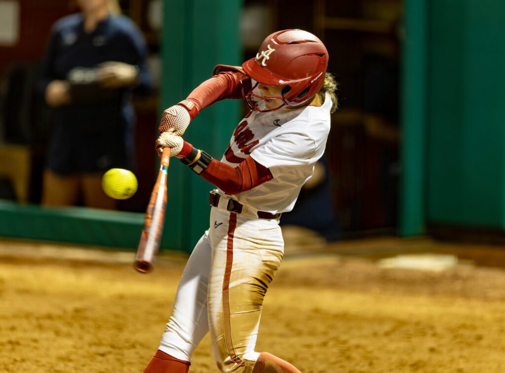 Jena Young #4 of the Alabama Crimson Tide at bat against the Samford Bulldogs at Rhoads Stadium on March 10, 2026 in Tuscaloosa, Alabama.