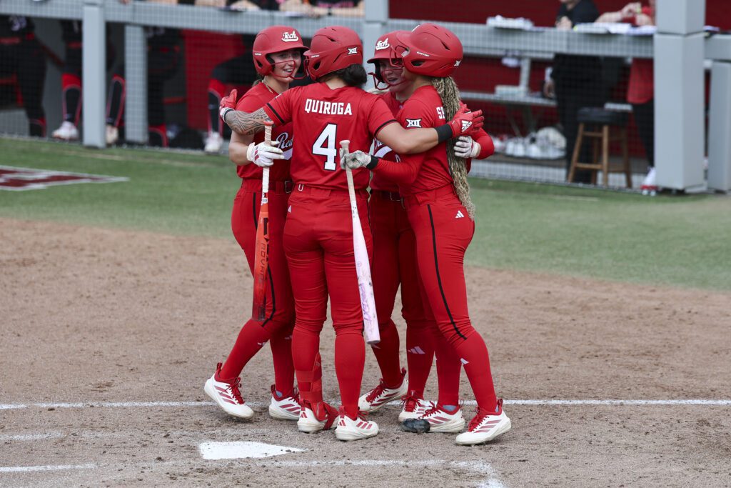 Lagi Quiroga #4 of the Texas Tech softball celebrates after a two-run home run during the fifth inning against the Houston Cougars at Cougar Softball Stadium on March 7, 2026 in Houston, Texas ahead of the college softball rankings.