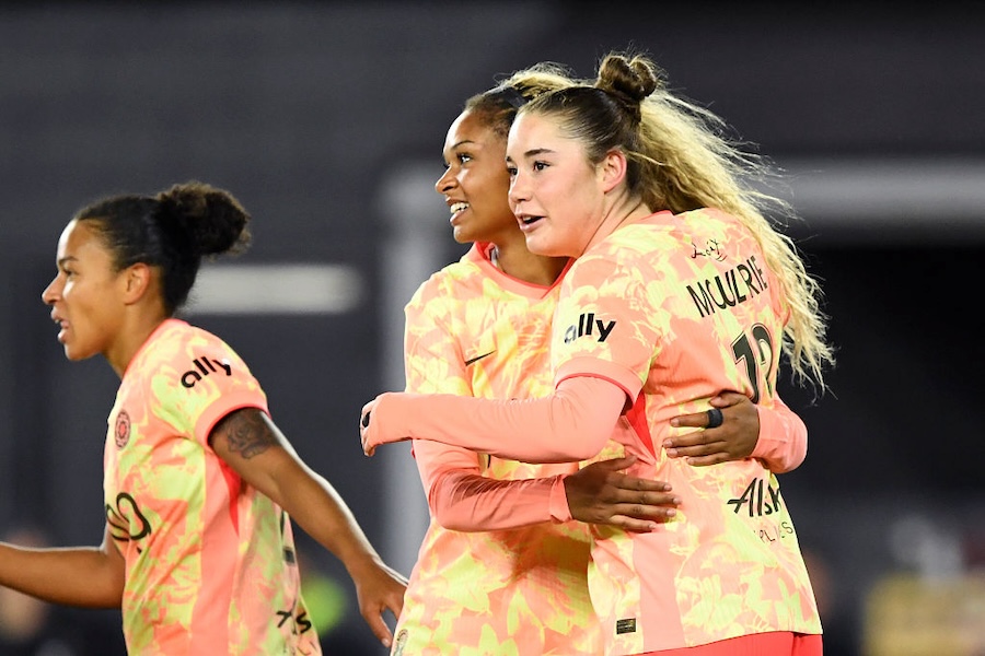 Olivia Moultrie #13 of Portland Thorns FC celebrates scoring her team's first goal during the NWSL match between Washington Spirit and Portland Thorns FC at Audi Field on March 13, 2026 in Washington, DC.