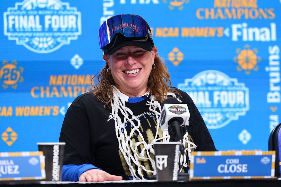 Head coach Cori Close of the UCLA Bruins speaks during the post game press conference after defeating the South Carolina Gamecocks during the NCAA Women’s Basketball Championship game at Mortgage Matchup Center on April 5, 2026 in Phoenix, Arizona.