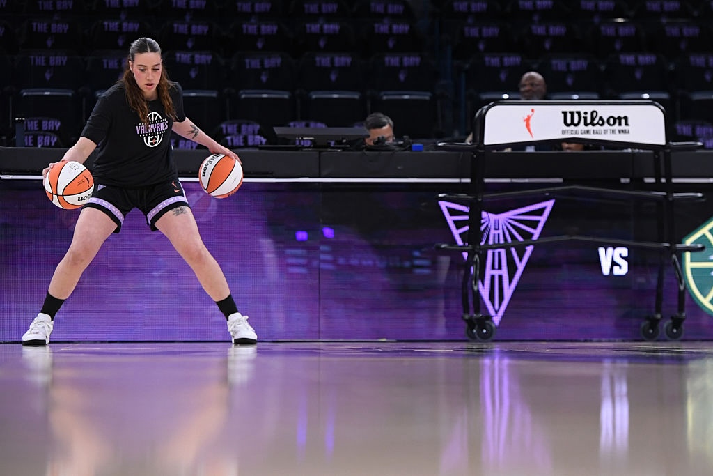 Marta Suarez # of the Golden State Valkyries warms up before the game against the Seattle Storm during a 2026 preseason game on April 25, 2026 at Chase Center in San Francisco, California before WNBA roster cuts.