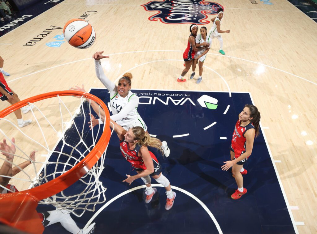 Sakima Walker #35 of the Minnesota Lynx drives to the basket during the game against the Washington Mystics on April 25, 2026 at Entertainment and Sports Arena in Washington, D.C.