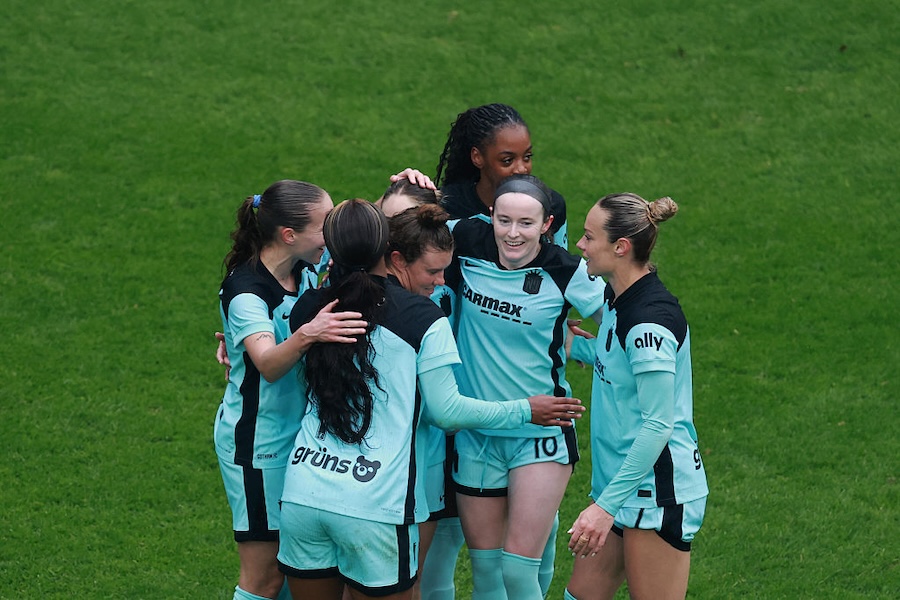 Esther Gonzalez #9 of Gotham FC celebrates with teammates scoring team's third goal during the NWSL match between NJ/NY Gotham FC and Bay FC at Sports Illustrated Stadium on April 25, 2026 in Harrison, New Jersey before the Gotham vs. Louisville NWSL game.