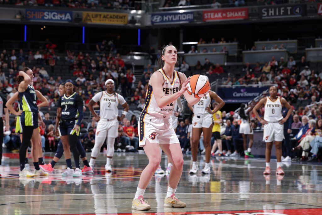 Caitlin Clark #22 of the Indiana Fever shoots a free throw during the game against the Dallas Wings during a 2026 preseason game on April 30, 2026 at Gainbridge Fieldhouse in Indianapolis, Indiana.