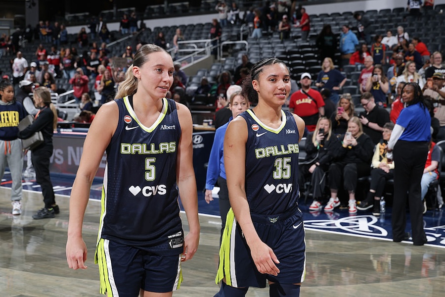 Paige Bueckers #5 and Azzi Fudd #35 at the Dallas Wings vs. Indiana Fever 2026 WNBA preseason game on April 30, 2026 at Gainbridge Fieldhouse in Indianapolis, Indiana.