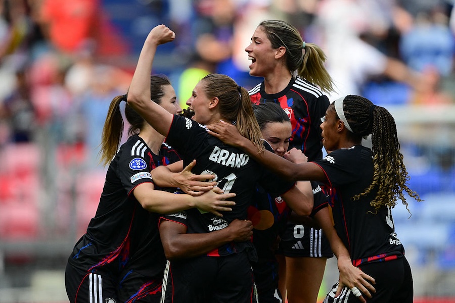 UWCL Lyon’s German forward #29 Jule Brand (C) celebrates with teammates after scoring a goal during the women’s UEFA Champions League second-leg semi-final football match between OL Lyonnes and Arsenal at the Groupama Stadium, in Decines-Charpieu, central-eastern France on May 2, 2026.