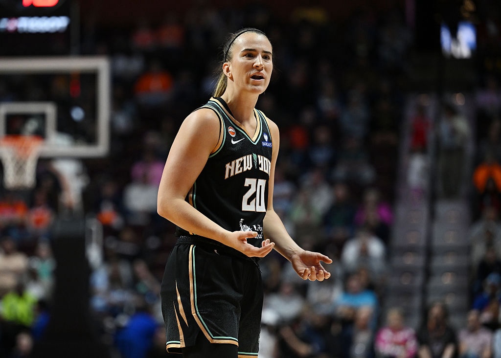 WNBA injuries list player Sabrina Ionescu #20 of the New York Liberty argues a foul call during play against the Connecticut Sun in the first half at Mohegan Sun Arena on May 3, 2026 in Uncasville, Connecticut.