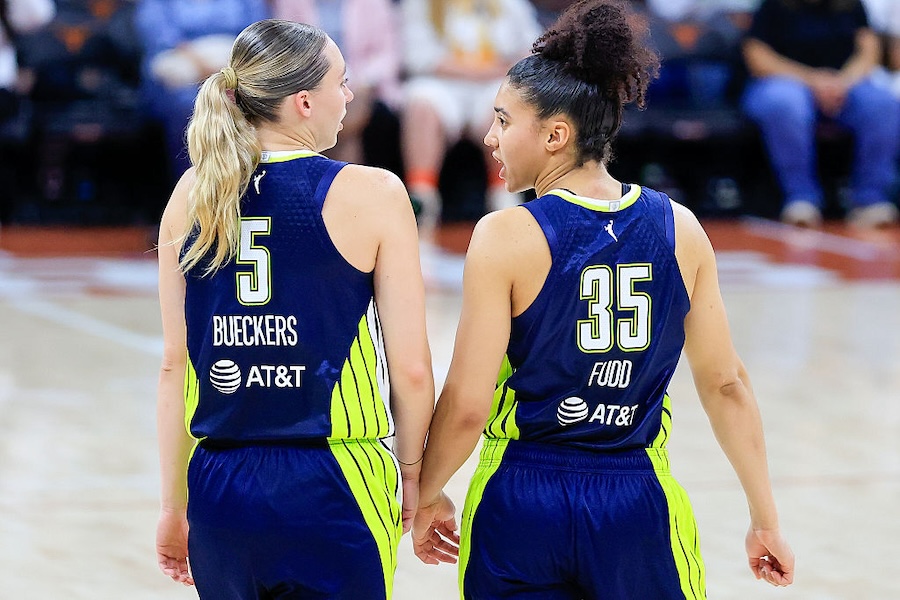 Dallas Wings guard Paige Bueckers #5 talks with Dallas Wings guard Azzi Fudd #35 against the Las Vegas Aces during the game on May 03, 2026, at the Moody Center in Austin, TX.