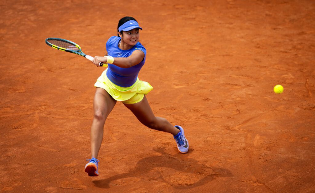 Alexandra Eala of the Philippines in action against Magdalena Frech of Poland during the first round on Day Two of the Internazionali BNL D'Italia at Foro Italico on May 06, 2026 in Rome, Italy.