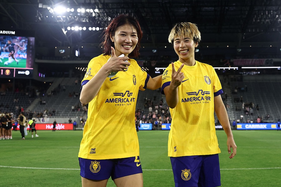 Miyabi Moriya #22 and Mina Tanaka #11 of Utah Royals celebrate following the team's victory in the NWSL match between Angel City FC and Utah Royals at BMO Stadium on May 02, 2026 in Los Angeles, California.