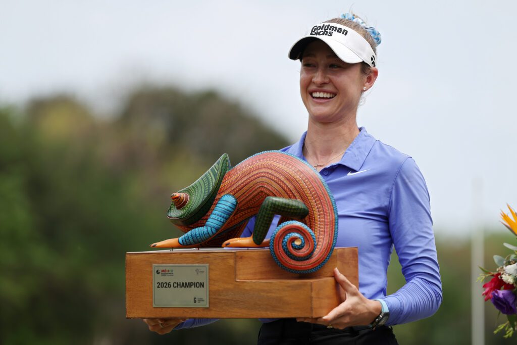 Nelly Korda of the United States poses for photos with the trophy during the trophy ceremony after winning the Mexico Riviera Maya Open at Mayakoba 2026 at El Camaleon at Mayakoba on May 03, 2026 in Playa del Carmen, Mexico.