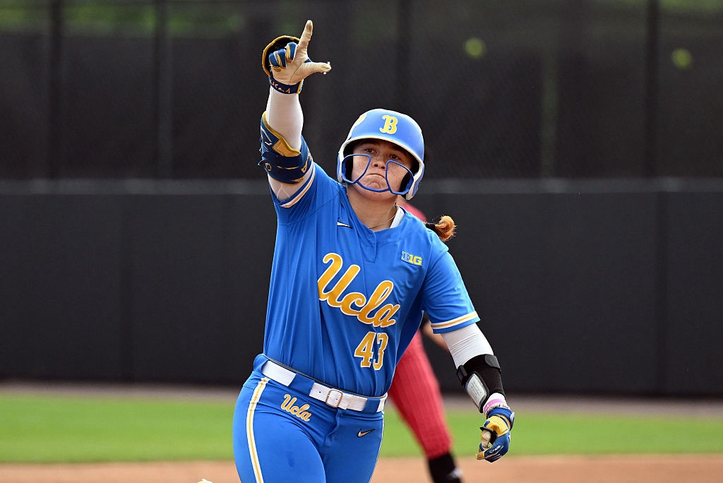 UCLA outfielder Megan Grant #43 rounds the bases after hitting a homerun to set the record for most homeruns in a season during the 3rd inning vs Nebraska at the finals of the 2026 Big Ten Softball Championships on May 09, 2026 at Maryland Softball Stadium in College Park, Maryland.