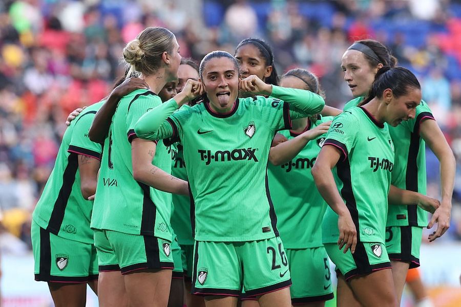 Alba Caño #26 of Boston Legacy FC celebrates scoring her team's first goal with teammates during the NWSL match between NJ/NY Gotham FC and Boston Legacy FC at Sports Illustrated Stadium on May 09, 2026 in Harrison, New Jersey.