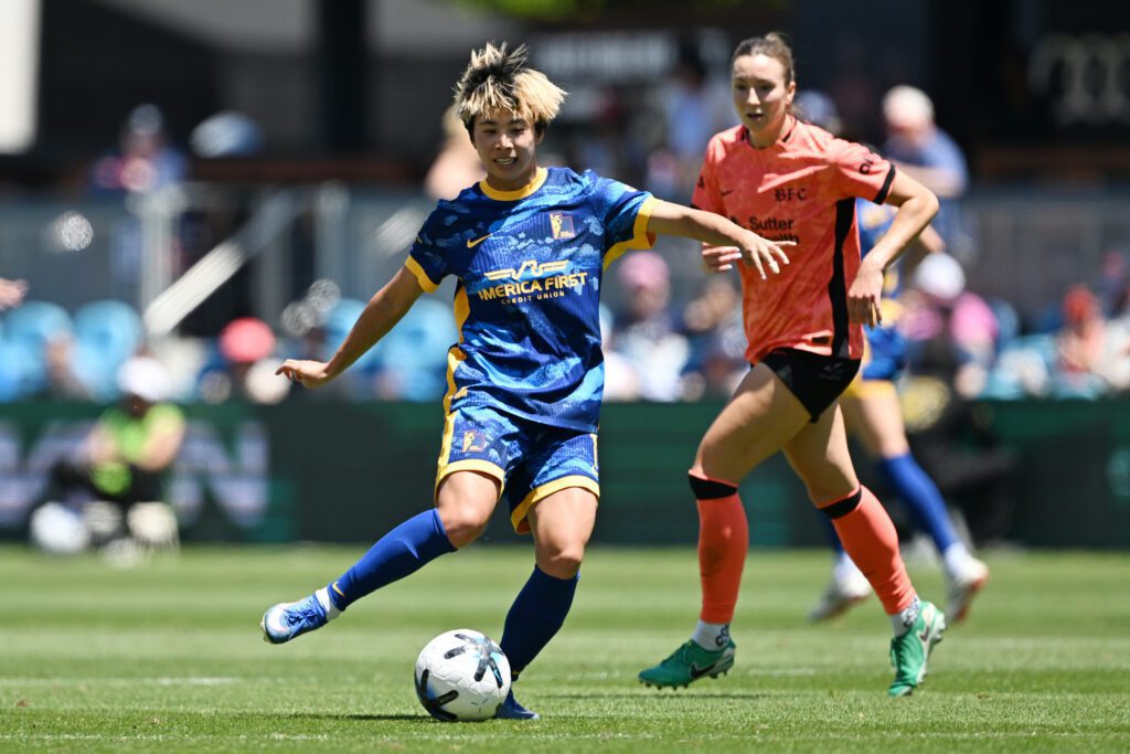 Mina Tanaka of Utah Royals shoots during the NWSL match between Bay FC and Utah Royals at PayPal Park.