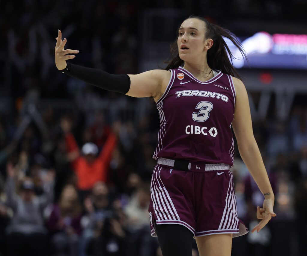 Marina Mabrey #3 of the Toronto Tempo celebrates a three pointer as the Toronto Tempo win their first game in franchise history.