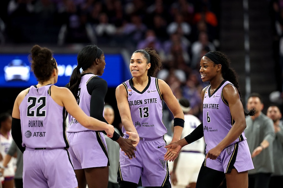 Janelle Salaun #13 of the Golden State Valkyries is congratulated by teammates after making a basket against the Phoenix Mercury in the second half at Chase Center on May 10, 2026 in San Francisco, California before Chicago Sky game.
