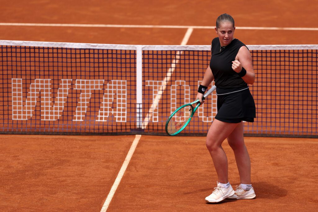 Jelena Ostapenko of Latvia celebrates winning a point against Anna Kalinskaya in their Round of 16 match at the Italian Open 2026.