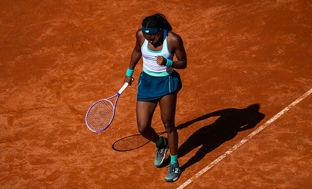 Coco Gauff of the United States in action against Sorana Cirstea of Romania in the semi-final on Day Ten of the Internazionali BNL D'Italia at Foro Italico on May 14, 2026 in Rome, Italy before the Italian Open final.