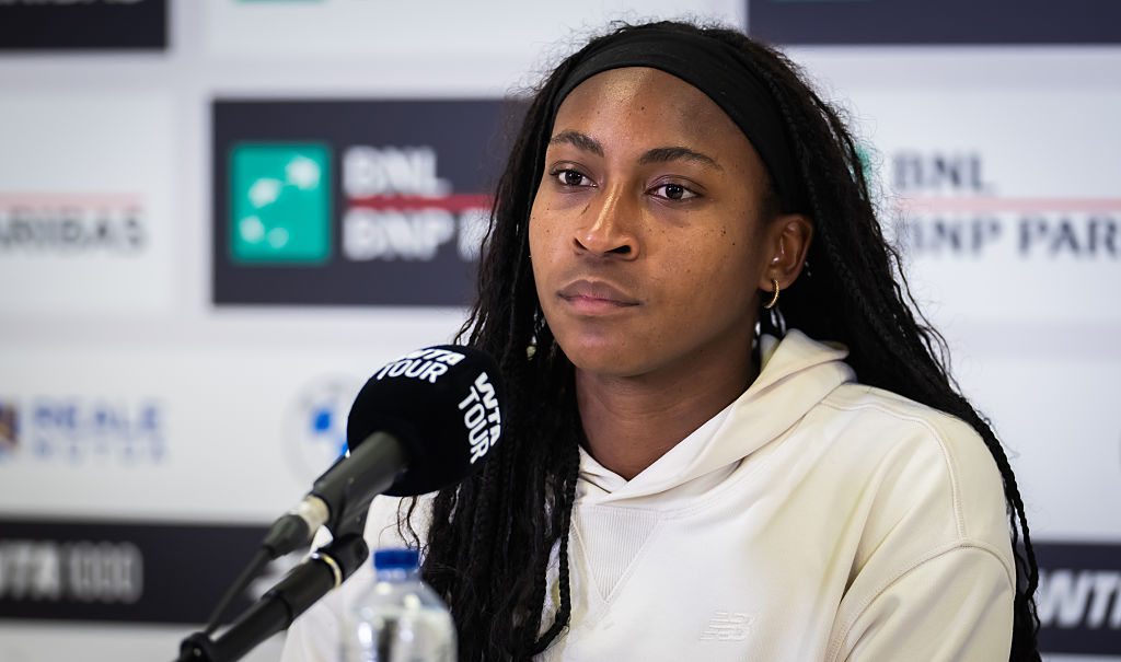 Coco Gauff of the United States talks to the media after defeating Sorana Cirstea of Romania in the semi-final on Day Ten of the Internazionali BNL D'Italia at Foro Italico on May 14, 2026 in Rome, Italy.