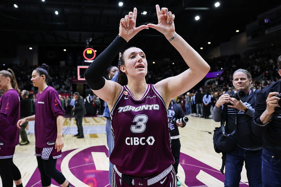 Marina Mabrey #3 of the Toronto Tempo celebrates after defeating the Seattle Storm 86-73 at Coca-Cola Coliseum on May 13, 2026 in Toronto, Ontario, Canada.